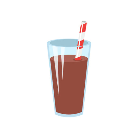 Full glass of chocolate drink flat vector illustration. Cartoon drawing of cup with cocoa, chocolate milk, cocktail or milkshake with straw on white background. Beverage, food, dessert conceptのイラスト素材
