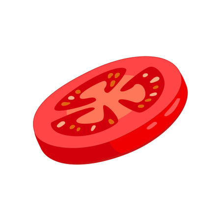 Slice of tomato with vitamin C vector illustration. Cartoon drawing of enriched organic antioxidant, tomato. Food, nutrition, diet conceptのイラスト素材