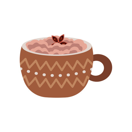 Brown mug with warm winter drink flat vector illustration. Mug of hot chocolate on white background. Christmas, autumn or winter holidays conceptのイラスト素材