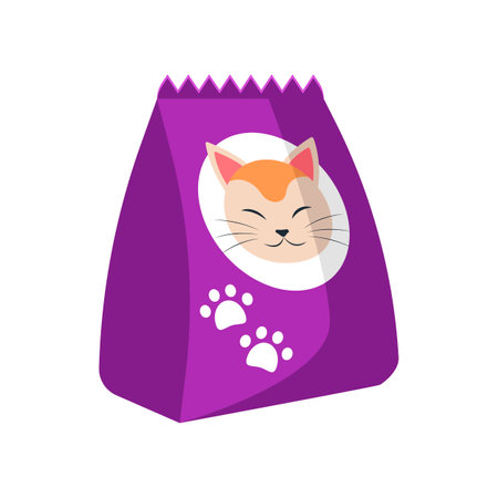 Cat food in bag vector illustration. Item for pet store, pet food isolated on white background. Domestic animals conceptのイラスト素材