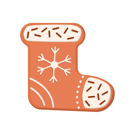 Gingerbread sock cookie. Vector illustration of sweet homemade snack with icing for winter holidays. Cartoon cute ginger biscuit of sock shape isolated on white background. Christmas, dessert conceptのイラスト素材