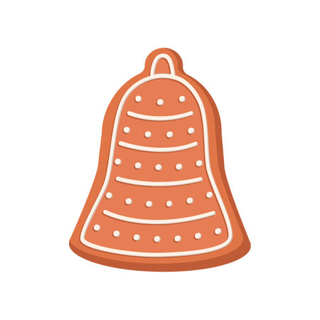 Gingerbread bell cookie. Vector illustration of sweet homemade snack with icing for winter holidays. Cartoon cute ginger biscuit of bell shape isolated on white background. Christmas, dessert conceptのイラスト素材