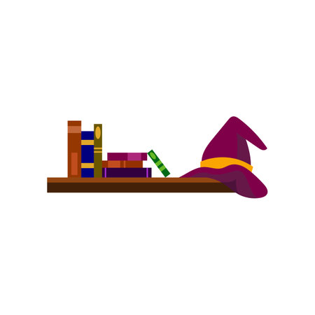 Shelf with books for wizard school interior vector illustration. Library object, shelf, books, witch hat. Halloween, magic, fairy tale conceptのイラスト素材