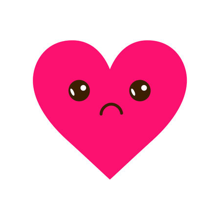 Upset heart cartoon character flat vector illustration. Cartoon drawing of sad or unhappy comic heart with face on white background. Love, breakup, emotions conceptのイラスト素材