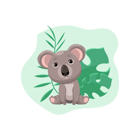 Cute comic koala with green leaves cartoon illustration. Cartoon drawing of adorable jungle baby animal character with sitting isolated on white background. Wildlife, zoo conceptのイラスト素材