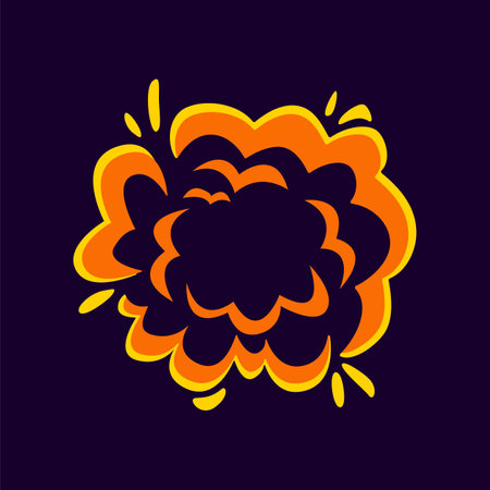 Cloud from explosion flat vector illustration. Cartoon drawing of smoke, boom or bang comic effect from crash, bomb, dynamite, explosives on purple background. Danger, destruction conceptのイラスト素材