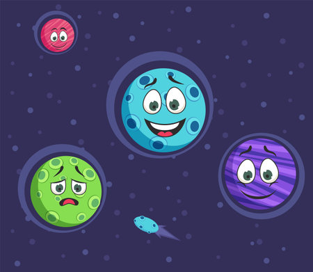 Funny planet characters in outer space vector illustration. Cartoon drawing of comic spheres, meteor flying towards planet. Space, astronomy, science, galaxy conceptのイラスト素材