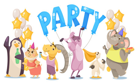Happy wild animal characters at party vector illustration. Cartoon drawings of comic mammals celebrating event together on white background. Celebration, wildlife, birthday, holiday conceptのイラスト素材
