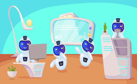 Comic robot workers in office vector illustration. Cartoon drawing of robotic characters at computer desk, near digital board, at reception counter. Modern technology, artificial intelligence conceptのイラスト素材