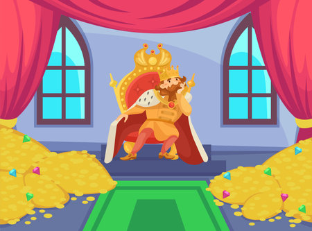 King sitting on throne with piles of gold vector illustration. Cartoon drawing of pensive rich man in royal costume with crown in castle. Fantasy, fairytale, monarchy conceptのイラスト素材