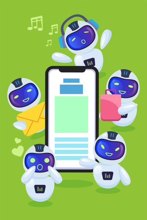 Cute comic chatbots with smartphone vector illustration. Cartoon drawing of phone and adorable robot characters singing, holding shopping bag on green background. Communication, technology conceptのイラスト素材