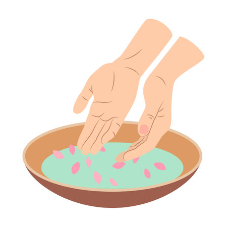 Women hands collect water with petals from bowl on white background cartoon illustration. Hygiene, bathroom isolated on white backgroundのイラスト素材