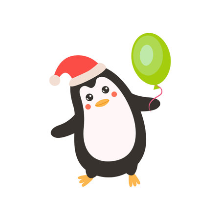 Comic penguin standing with balloon vector illustration. Cute wild bird cartoon character with balloon isolated on white background. Winter holidays, decoration conceptのイラスト素材