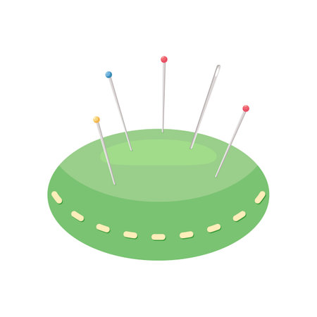 Needles in green pincushion cartoon illustration. Cartoon drawing of accessories for embroidery or handmade clothes isolated on white background. Needlework, handicraft, hobby conceptのイラスト素材