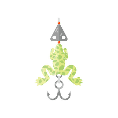 Artificial fishing bait in shape of frog cartoon illustration. Cartoon drawing of fishing lure with hook, jig in shape of toad isolated on white background. Sport, hobby, gear, recreation conceptのイラスト素材