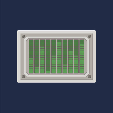 Sound control panel cartoon illustration. Retro console with levels. Metal dashboard or display of spacecraft or space ship. Equipment, machine, computer conceptのイラスト素材