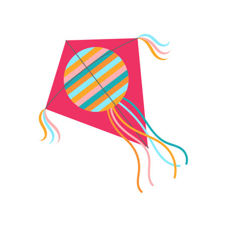 Colorful kite flat vector illustration. Cartoon drawing of kite for carnival or fair on white background. Entertainment, fantasy conceptのイラスト素材