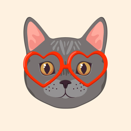 Cute grey cat head with heart glasses cartoon illustration. Stylish animal face or muzzle. Hipster kitten wearing modern or trendy accessory. Pet, fashion conceptのイラスト素材