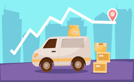 Delivery truck with boxes and packages vector illustration. Cartoon drawing of van delivering internet orders, silhouette of city buildings. Delivery service, transportation, logistics conceptのイラスト素材