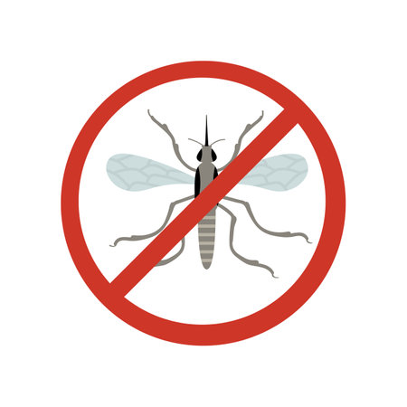 Stop or anti mosquito sign, insect warning signal. Red prohibiting sign with insect cartoon illustration. Malaria, epidemic, contamination conceptのイラスト素材