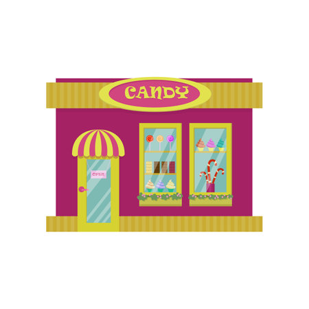 Exterior of sweetshop isolated on white background. Shop building facade cartoon illustration. Store windows conceptのイラスト素材