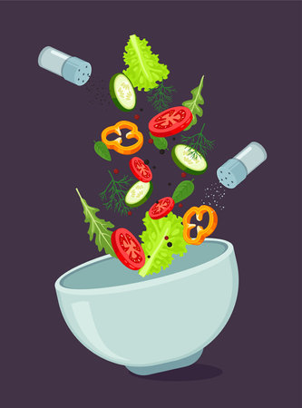 Salad ingredients falling into bowl vector illustration. Cartoon drawing of slices of vegetables, salt and pepper pots isolated on purple background. Healthy lifestyle, food, diet, recipe conceptのイラスト素材
