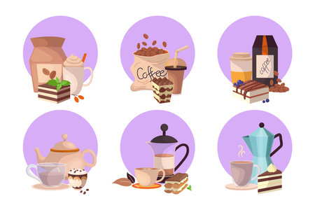 Coffee and snacks in purple circles vector illustrations set. Cartoon drawings of coffee beans in bags, pots, cups or mugs with drinks isolated on white background. Coffee shop, beverage conceptのイラスト素材