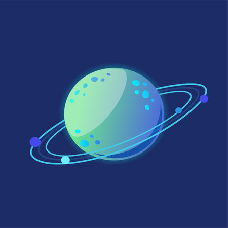 Blue planet with rings in sky or space cartoon illustration. Cartoon drawing of space object on blue background. Science, universe, astronomy, outer space conceptのイラスト素材