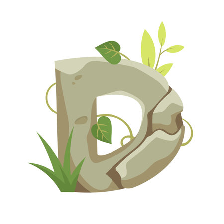 Stone letter D vector illustration. Medieval or stone age style font, letter as rocks with leaves and grass on white background. Education, geology, jungle concept for game or UIのイラスト素材