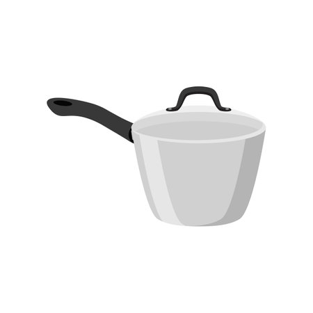 Silver ladle cartoon illustration. Metal cooking pot with lid, stainless utensil for making soup or boiling water. Household, kitchen conceptのイラスト素材
