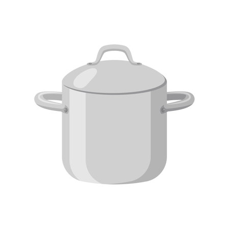 Silver saucepan cartoon illustration. Metal cooking pot with lid, stainless utensil for making soup or boiling water. Household, kitchen conceptのイラスト素材