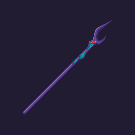 Purple magic wand on dark background illustration. Stick with glowing red gem or crystal on top for witch or wizard. Magicians staff, fantasy game, weapon conceptのイラスト素材