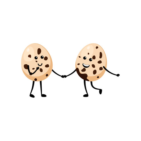 Two quail eggs with cute face holding hands cartoon illustration. Quail egg for breakfast. Happy quail egg character. Easter, cooking, food, emotion conceptのイラスト素材