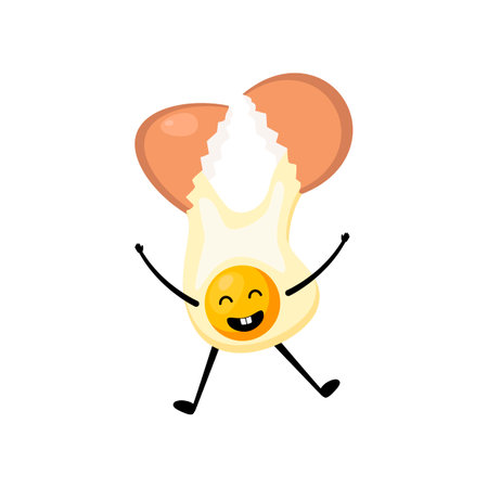 Raw egg with cute face cartoon illustration. Chicken egg for breakfast. Happy raw egg character. Easter, cooking, food, emotion conceptのイラスト素材