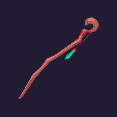 Wooden magic wand on dark background illustration. Stick with glowing green gem or crystal for witch or wizard. Magicians staff, fantasy game, weapon conceptのイラスト素材