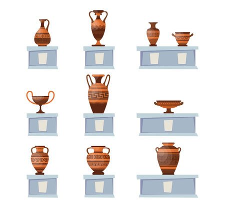 Greek vases with ornaments on stands vector illustrations set. Collection of cartoon drawings of amphora or ceramic jugs for museum isolated on white background. Pottery, decoration, history conceptのイラスト素材