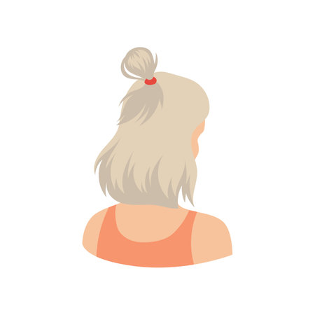 Back view of woman with short grey hair vector illustration. Trendy cartoon drawing of female hairstyle with cute ponytail isolated on white background. Beauty salon conceptのイラスト素材