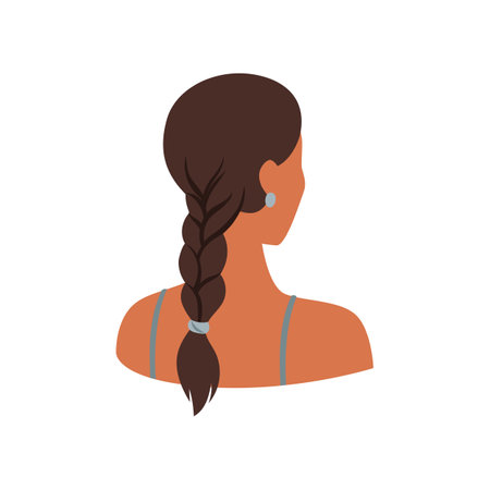 Back view of brunette with long braid vector illustration. Trendy cartoon drawing of female hairstyle isolated on white background. Beauty salon conceptのイラスト素材