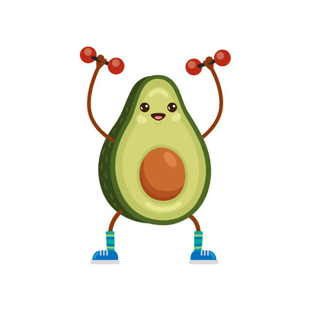 Happy avocado character lifting dumbbells cartoon illustration. Fit fruit with cute face exercising isolated on white background. Sport, gym concept.のイラスト素材