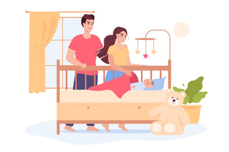 Mother and father putting baby to bed at home. Happy parents looking at child sleeping in cradle nursery room flat vector illustration. Parenting concept for banner, website design or landing web pageのイラスト素材