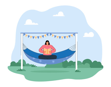 Girl reading book in hammock flat vector illustration. Happy girl spending time outdoor and relaxing. Nature, education, recreation, leisure concept for banner, website design or landing web pageのイラスト素材
