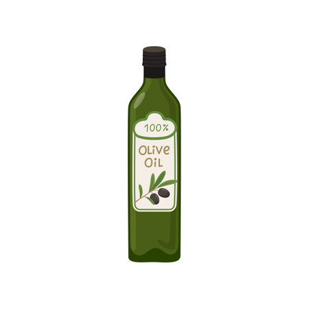 Extra virgin olive oil on white background. Olive product cartoon illustration. Organic food conceptのイラスト素材