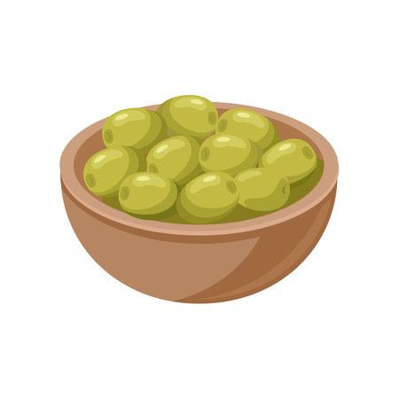 Olives in bowl on white background. Olive product cartoon illustration. Organic food, home pantry conceptのイラスト素材