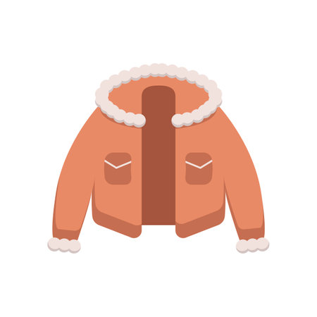Cute cartoon warm female jacket with fur. Warm woolen clothes vector illustration. Winter fashion conceptのイラスト素材