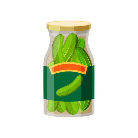 Salted cucumbers in glass jar isolated on white background. Tinned food cartoon illustration. Pantry, grocery, storage conceptのイラスト素材