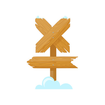 Wooden signboard with crossed planks cartoon illustration. Blank or empty road sign or pointer with arrows for advertising and information. Winter, guidepost conceptのイラスト素材