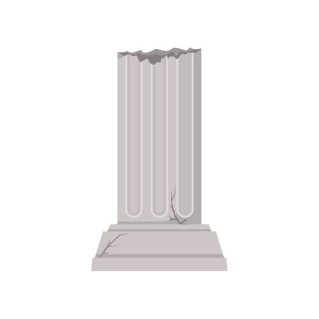 Damaged Roman or Greek pillar vector illustration. Historic monument, stone column of ancient ruins, old broken building isolated on white background. History, architecture, damage conceptのイラスト素材