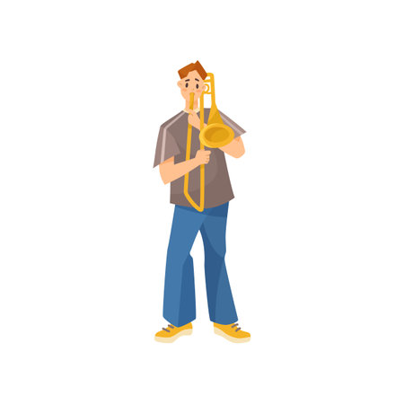 Cartoon man playing trombone vector illustration. Male musician character performing with musical instrument on street on white background. Music, performance conceptのイラスト素材