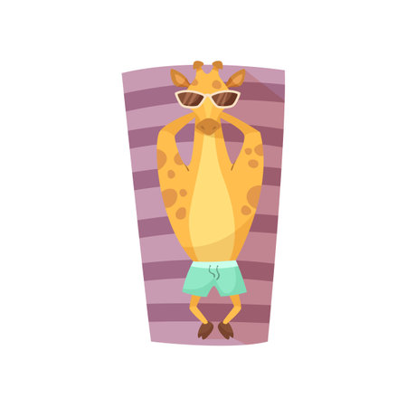 Giraffe cartoon character sunbathing vector illustration. Summer resort, funny comic wild animal in sunglasses relaxing on purple beach towel on white background. Wildlife, vacation conceptのイラスト素材