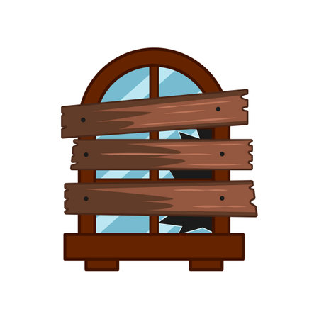 Damaged window covered by wooden boards vector illustration. Cartoon drawing of broken window closed by planks from wood on white background. Damage, safety, security, furniture, protection conceptのイラスト素材